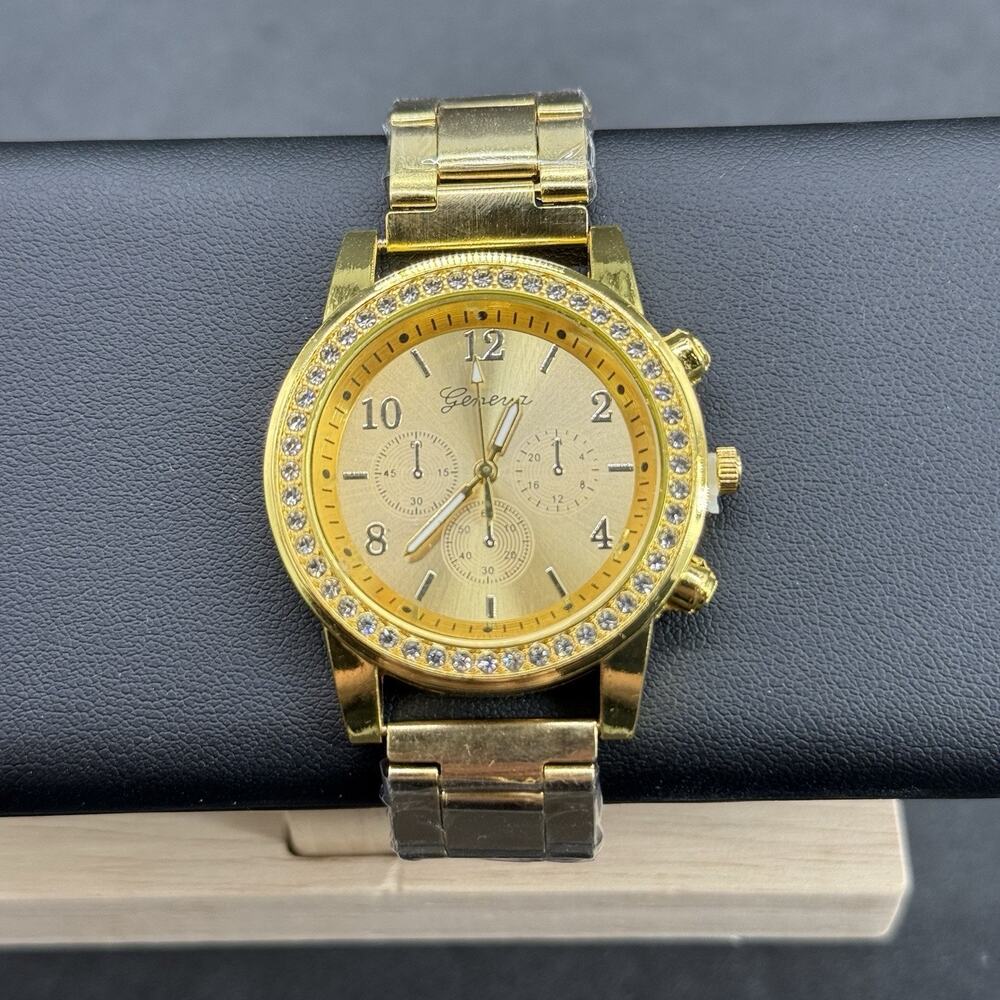 Geneva Women's Gold Tone Watch Rhinestone Crystal Bezel Faux Chronograph NEW